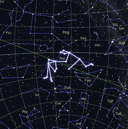 Real star map of the Aquarius constellation, highlighted among its neighboring constellations, rendered by CosmicByMe