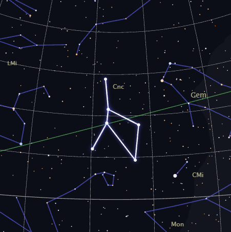 Close-up real star map of the Cancer constellation's actual shape, rendered by CosmicByMe