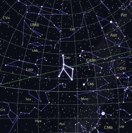 Real star map of the Cancer constellation, highlighted among its neighboring constellations, rendered by CosmicByMe