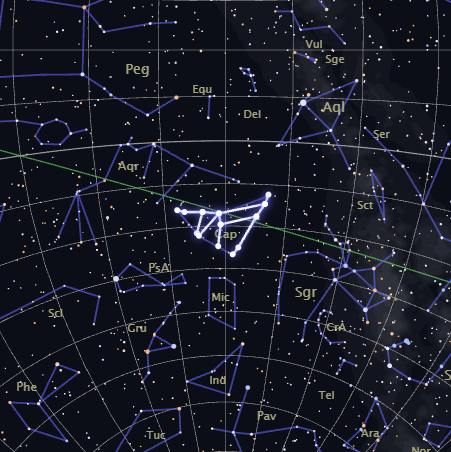 Real star map of the Capricornus constellation, highlighted in white among its neighboring constellations, rendered by CosmicByMe
