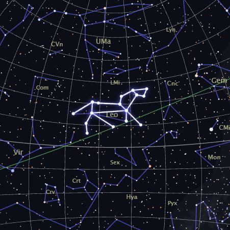 Real star map of the Leo constellation, highlighted among its neighboring constellations, rendered by CosmicByMe