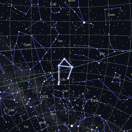Real star map of the Libra constellation, highlighted among its neighboring constellations, rendered by CosmicByMe
