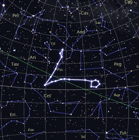 Real star map of the Pisces constellation, highlighted among its neighboring constellations, rendered by CosmicByMe