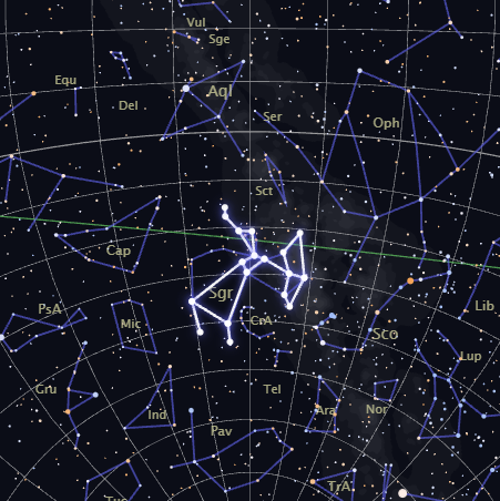 Real star map of the Sagittarius constellation, highlighted among its neighboring constellations, rendered by CosmicByMe
