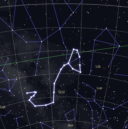 Close-up real star map of the Scorpio constellation's actual shape, rendered by CosmicByMe