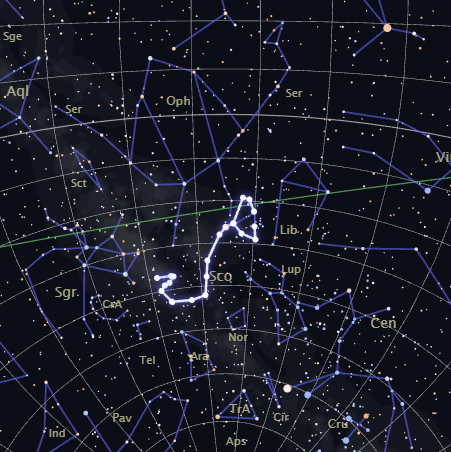 Real star map of the Scorpio constellation, highlighted among its neighboring constellations, rendered by CosmicByMe