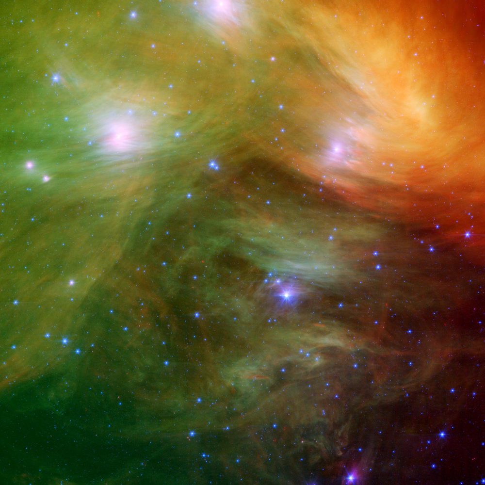 Real NASA Spitzer Space Telescope infrared photo of the Pleiades star cluster on Taurus's shoulder