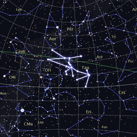 Real star map of the Taurus constellation, highlighted among its neighboring constellations, rendered by CosmicByMe