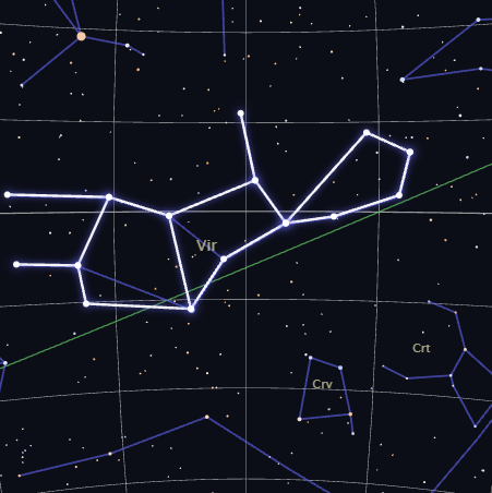 Close-up real star map of the Virgo constellation's actual shape, rendered by CosmicByMe