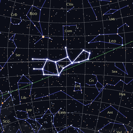 Real star map of the Virgo constellation, highlighted among its neighboring constellations, rendered by CosmicByMe